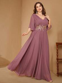 UNITHORSE Vestido de noche de gasa con cuello en V, mangas con volantes y aplicación en la cintura - Rosa vieja - Ver 7