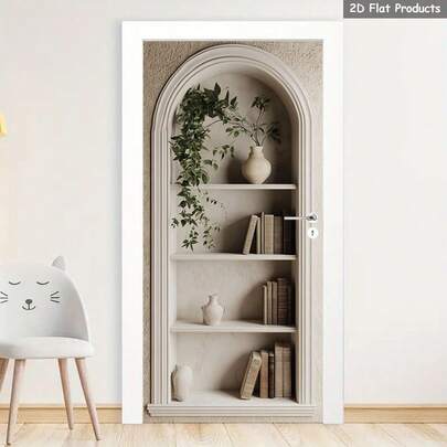 1/2pcs Elegant Arch Bookshelf Door Decal - Self-Adhesive Removable PVC Film, White & Gold Vertical Panel Wall Art, Suitable For Doors, Walls, Plastic Surfaces - Easy To Peel And Stick Home Decor, Removable Wallpaper, 2D Flat