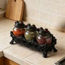 3-Piece Gothic-Style Witch Frog Spice Jar Set With Carved Base, Vintage Handmade Apothecary Jar With Frog Lid, Dark-Themed Kitchen Food Storage Jar, Spice, Herb, And Salt Storage Container, Unique Home Decor. - 黑色 - 查看 1