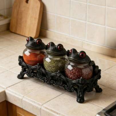 3-Piece Gothic-Style Witch Frog Spice Jar Set With Carved Base, Vintage Handmade Apothecary Jar With Frog Lid, Dark-Themed Kitchen Food Storage Jar, Spice, Herb, And Salt Storage Container, Unique Home Decor.