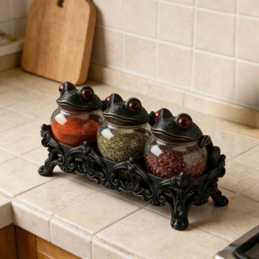 3-Piece Gothic-Style Witch Frog Spice Jar Set With Carved Base, Vintage Handmade Apothecary Jar With Frog Lid, Dark-Themed Kitchen Food Storage Jar, Spice, Herb, And Salt Storage Container, Unique Home Decor. - 黑色 - 查看 1