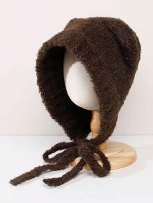 1pc Cute Tie-Up Bear Knit Beanie Hat, Warm Ear Ion, Solid Color, Windproof Outdoor Ski Cap, Autumn/Winter