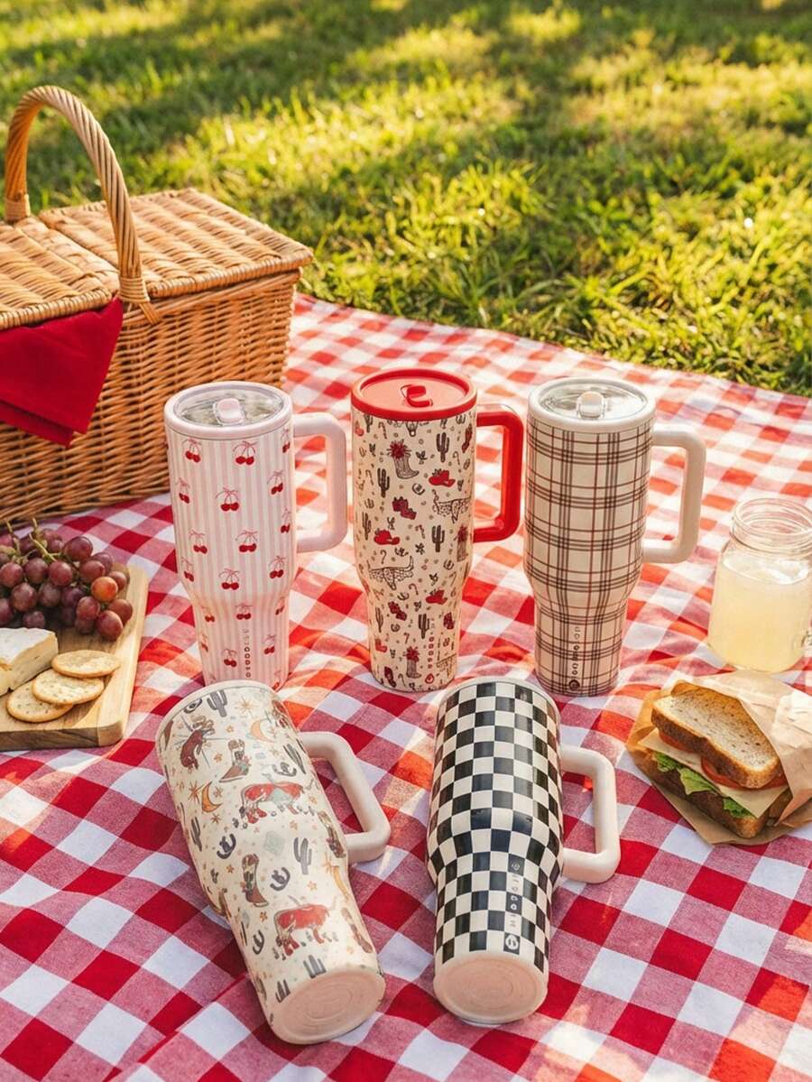 Hydro Jug Traveler Cherry, Western Cowboy, Black And White Checkered Patterns, Autumn Checkers Patterns Of Double Wall Insulated Stainless Stee With Straw 32oz/40oz Cup. Water Bottle.  Flip-Straw, 24 Hours Cold, Completely Leak-Proof. Suitable For Water, Iced Tea Or Coffee, Ice Drinks , Hot Drinks, Juice. Suitable For Camping, Work, Indoor Use. It Is Also Very Suitable To Be Given As A Gift. - 32oz/945ml - View 1