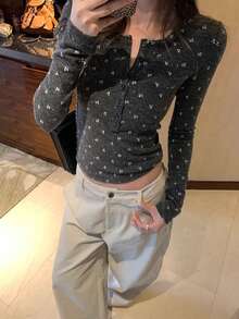 女士碎花修身长袖亨利领针织打底衫 - 灰色 - 查看 2