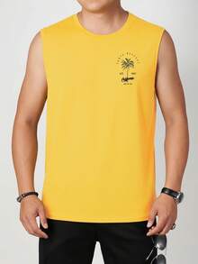 Men's Vacation Casual Coconut Tree & Letter Printed Tank Top - Yellow - View 3