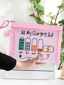 Bolsa organizadora multicolorida em tela com tema "Todos os meus carregadores", bolsa transparente com zíper para guardar cabos de carregamento, cosméticos, lanches e medicamentos. Bolsa portátil em tela para organização diária, viagens e para presentear entusiastas de tecnologia. Bolsa de armazenamento funcional em tela, ideal para organizar cabos, acessórios, lembrancinhas, presentes de aniversário, presentes de Natal e presentes de Páscoa. - Multicolorido - Ver 4