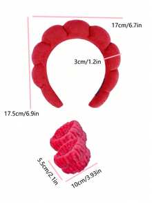3pcs Solid Color Bathroom Headband And Wristband Set, Home Bathroom Decor, Autumn Decor, Back To School Hair Accessories - Red - View 5