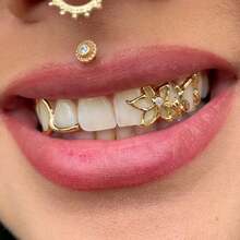 Must-Have 14K Gold Plated Teeth Grillz For Women | Hollow Gold Floral Cherry Tooth Caps & Silver Grillz | Cosplay Fashion Jewelry With Extra Molding Bar - Multicolor - View 7
