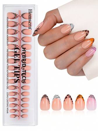 160 uñas postizas de estilo francés de color medio almendra, incluye cinco colores con estampado de leopardo y rayas de cebra, estilo stiletto, decoración DIY reutilizable, cobertura completa, estilo minimalista, superficie brillante o mate para uso diario de mujeres y niñas