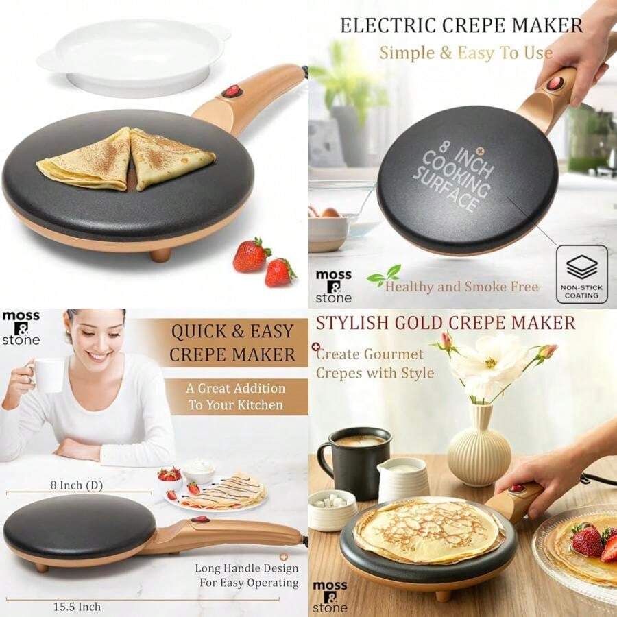 Moss & Stone - Máquina de crepes eléctrica portátil y automática con recubrimiento antiadherente, 800 W, 120 V, 8 pulgadas,(Oro eléctrico) - Multicolor - Ver 1