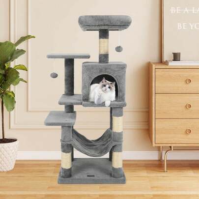 44" Tall Multi-Level Cat Tree With Cushion Top Perch, 2-Entrance Large Cat Condo Beige/Light Gray/Dark Gray/Pink