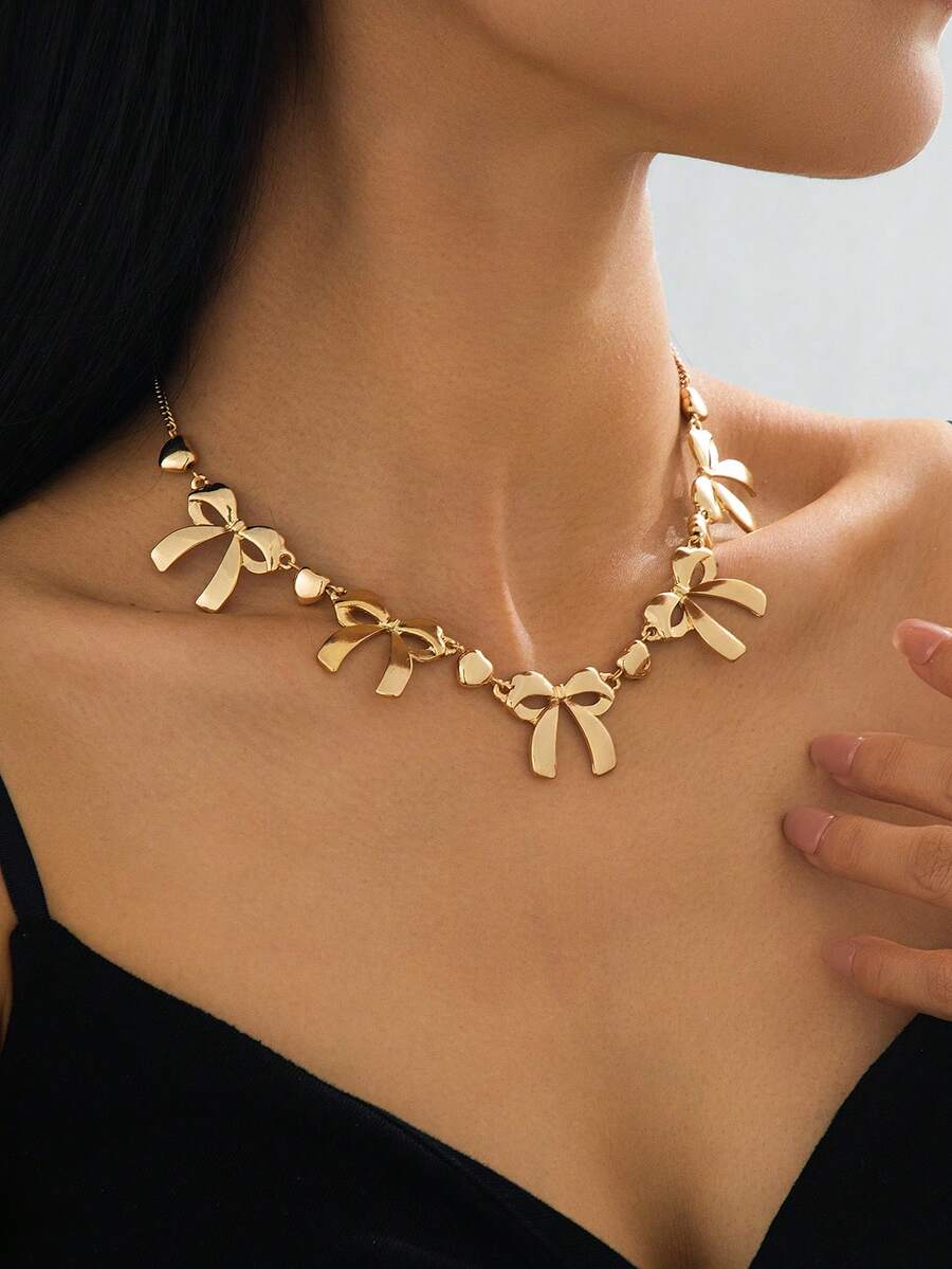 优雅蝴蝶结项链，配以丝带链，时尚颈链，适合日常佩戴、派对、庆典和节日场合。 - 金色 - 查看 1