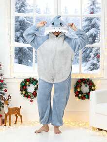 Women's Shark Pattern Hooded Pajama Jumpsuit With Pockets And Hood, Cozy Shark Pajamas For Winter, Cute Animal Home Sleepwear For Adults - Màu xanh nhạt - Xem 6