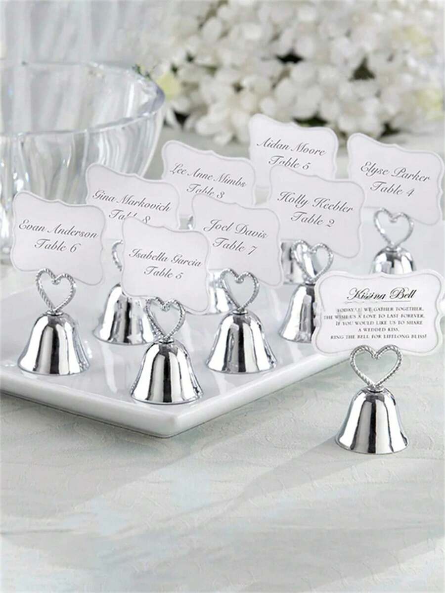 Soporte de metal creativo con campana con forma de corazón, decoración de mesa para boda/Día de San Valentín, soporte para tarjetas y postales, adecuado para restaurante y hogar - Plateado - Ver 1