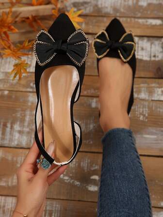 Black Flat Pointed Toe Slip-On Shoes With Bowknot Decor, Women's Casual Hollow Out Loafers For Spring/Autumn, Suitable For Commuting & Office, Minimalist Style