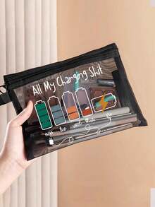 Bolsa organizadora multicolorida em tela com tema "Todos os meus carregadores", bolsa transparente com zíper para guardar cabos de carregamento, cosméticos, lanches e medicamentos. Bolsa portátil em tela para organização diária, viagens e para presentear entusiastas de tecnologia. Bolsa de armazenamento funcional em tela, ideal para organizar cabos, acessórios, lembrancinhas, presentes de aniversário, presentes de Natal e presentes de Páscoa. - Multicolorido - Ver 3