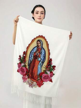 1 pieza Nuevo pañuelo de mujer con estampado de Virgen María, pañuelo de invierno con flecos, pañuelo de imitación de cachemira con borlas vintage, chal abrigado y resistente al viento para mujeres, versátil y casual, adecuado para batas, hijab de oración, regalo de Navidad