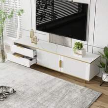 TV Stand, Low Top With Sculpted Texture, Gold Handles And Legs, Living Room Furniture With Marble Frame - White - View 7