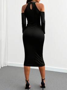 Solid Color Elegant Party Slit Rhinestone Embellished Dress, Suitable For Evening Date, Office Wear - Black - View 3