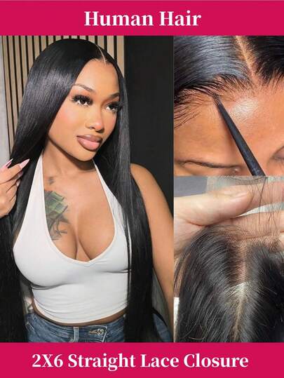 2x6 Skinlike Real HD Lace Closure Deep Parting Straight Human Hair, 0.10mm Ultra-Thin HD Lace, Tiny Knots, Brazilian Virgin Hair Closure, Pre-Plucked With Natural Hairline Natural Black, 10-18 Inch