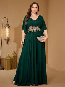 UNITHORSE V-Neck Ruffle Sleeve Waist Applique Chiffon Evening Gown Dress - Dark Green - View 5