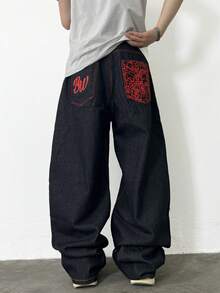 1件 Justice Brother 个性化印花撞色缝线舒适休闲男士宽松直筒牛仔裤，四季皆宜（不含腰带/配饰） - 黑色 - 查看 2