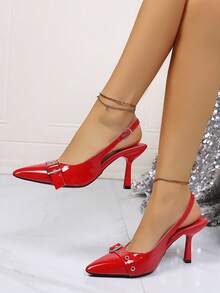 Women's High Heel Pumps, New Pointed Toe High Heels For Spring/Autumn, Sexy Stiletto Red Patent Leather Sandals, Party/Wedding High Heels, Fashionable Runway Lace-Up High Heels, Leather Strap Buckle Pumps - Red - View 5