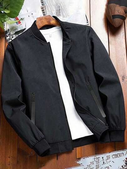 Men's Comfortable Collared Jacket - Soft Solid Color, Zip Closure, Long Sleeve, Business Style, Suitable For Outdoor Activities And Casual Wear, Versatile And Breathable