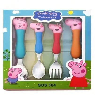 Peppa Pig Cartoon George Pig Family Pattern Tableware Fork & Spoon Movable Doll Toy, Party Favor Gift Suitable For Boys And Girls
