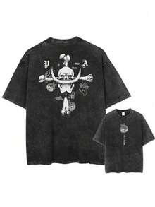 Anime One Piece Washed T-Shirt Men's Printed Cotton T-Shirt Short-Sleeved T-Shirt Oversized Top Fashion Street Wear Unisex - 黑色 - 查看 1