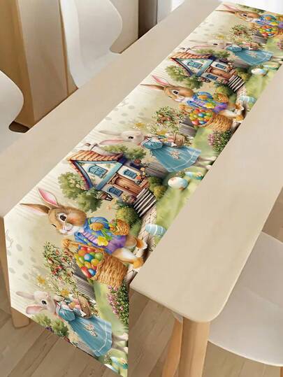 1 pieza Camino de mesa de Pascua colorido, decorado con conejito azul, huevos de Pascua y patrón de cabaña, 35*180cm Estilo granja de poliéster Camino de mesa de Pascua, Decoración del hogar de Pascua 2026, Decoración de mesa de cocina y comedor, Decoración festiva de primavera