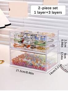 一套两件透明桌面抽屉式塑料多功能串珠收纳盒，非常适合DIY串珠、米珠的收纳，也可作为桌面多功能收纳盒，用于存放戒指、耳环、项链、手链和其他珠宝首饰，还适用于五金配件、工艺美术用品和家居珠宝收纳。