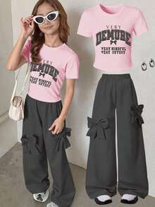 2pcs/Set Fashionable & Sweet Casual Girls Outfit, Including A Minimalist Letter & Bow Decor Pink Short Sleeve Top And A Gray Bow Accent Wide Leg Pants, Suitable For Vacation, Valentine's Day, Spring, Autumn, Summer, Party, School And Daily Wear - Grey - View 3