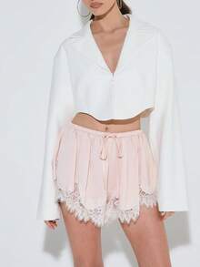 Women Spring And Summer Satin Silk Lace Shorts Low Rise Micro Mini Shorts Irregular Hem Coquette Lounge Half Slip Pj Bottoms French Knickers - Hồng - Xem 3