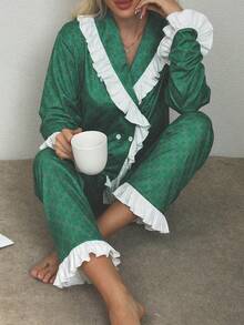 女士碎花翻领纽扣长袖睡衣套装，两件套家居服，秋冬款 - 彩色 - 查看 1