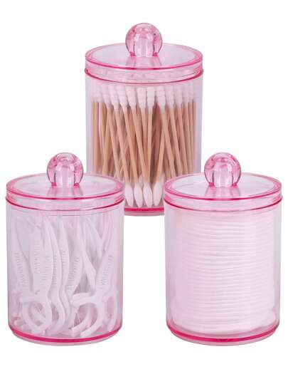 3ชิ้น ที่ใส่สำลีก้าน Q-Tip, ใส่ลูกสำลี, สำลีก้าน, แผ่นสำลี, ไม้จิ้มฟัน - ชุดขวดพลาสติกใส 10 ออนซ์, เหมาะสำหรับจัดเก็บกระป๋องในห้องน้ำ, ที่จัดระเบียบเครื่องสำอางบนโต๊ะเครื่องแป้ง