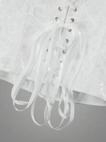 Vintage Palace Style Jacquard Front Button, Back Cinched Waist Bodysuit, Women's Christmas Dress With Lace Sleeves And Off-Shoulder - White - View 5