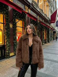 Perirose Women's Brown Old Money Faux Fur Jacket, Plush Long Sleeve Zip Front Cropped Coat, Fall Winter Elegant Streetwear Holiday Going Out - Brown - View 9
