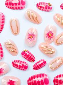 Bộ 24 miếng dán móng tay hình hạnh nhân, họa tiết vân đá cẩm thạch vàng, thiết kế hoa 3D dễ thương, bộ móng giả đính hạt vàng 3D (bao gồm: 1 gel dán và 1 dũa móng), thích hợp cho móng tay hàng ngày của nữ giới khi hẹn hò và dự tiệc. - Nhiều màu - Xem 4