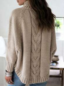 Suéter de punto para mujer con mangas de murciélago sueltas Jersey oversize de manga murciélago holgada Otoño/Invierno Novedad Jersey de punto para mujer Mangas murciélago de punto trenzado con cuello alto Dobladillo asimétrico Cálido y holgado Jersey oversize informal - Caqui - Ver 2