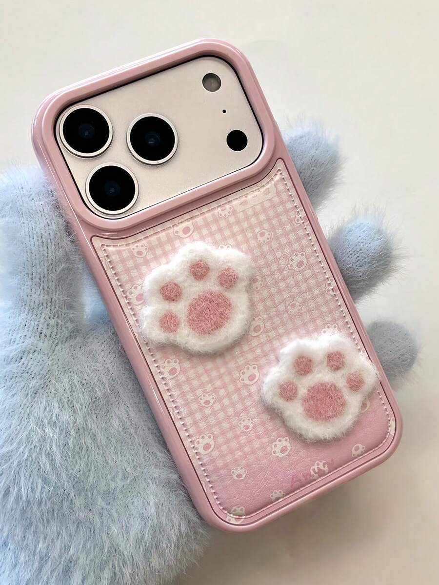 1个可爱卡通毛绒猫爪3D立体皮革格子手机壳，兼容 17 Pro Max、17 Pro Air、16、15、14、13 Pro Max，动物图案柔软后盖，磨砂质感，礼品装 - 粉色 - 查看 1