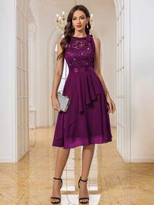 MIUSOL 亮片花卉蕾丝拼接露背派对礼服，适合生日、婚礼宾客、晚宴及其他场合，夏季优雅之选。 - 紫紅色 - 查看 12