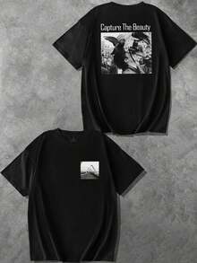 Customized Men's T-Shirt, Casual, Loose Fit, Vacation, Outdoor, Personalized Graphic Design, Upload Your Photo/Couple/Family/Pet/Friend/Landscape, Input Text/Name/Slogan/Fun Text/Blessing, Men's Crew Neck T-Shirt, Black Short Sleeve Top, Holiday Gift, Valentine's Day/Birthday/Anniversary Photo Customization, Gift For Him, Customized Casual T-Shirt, Spring/Summer Short Sleeve - Black - View 3