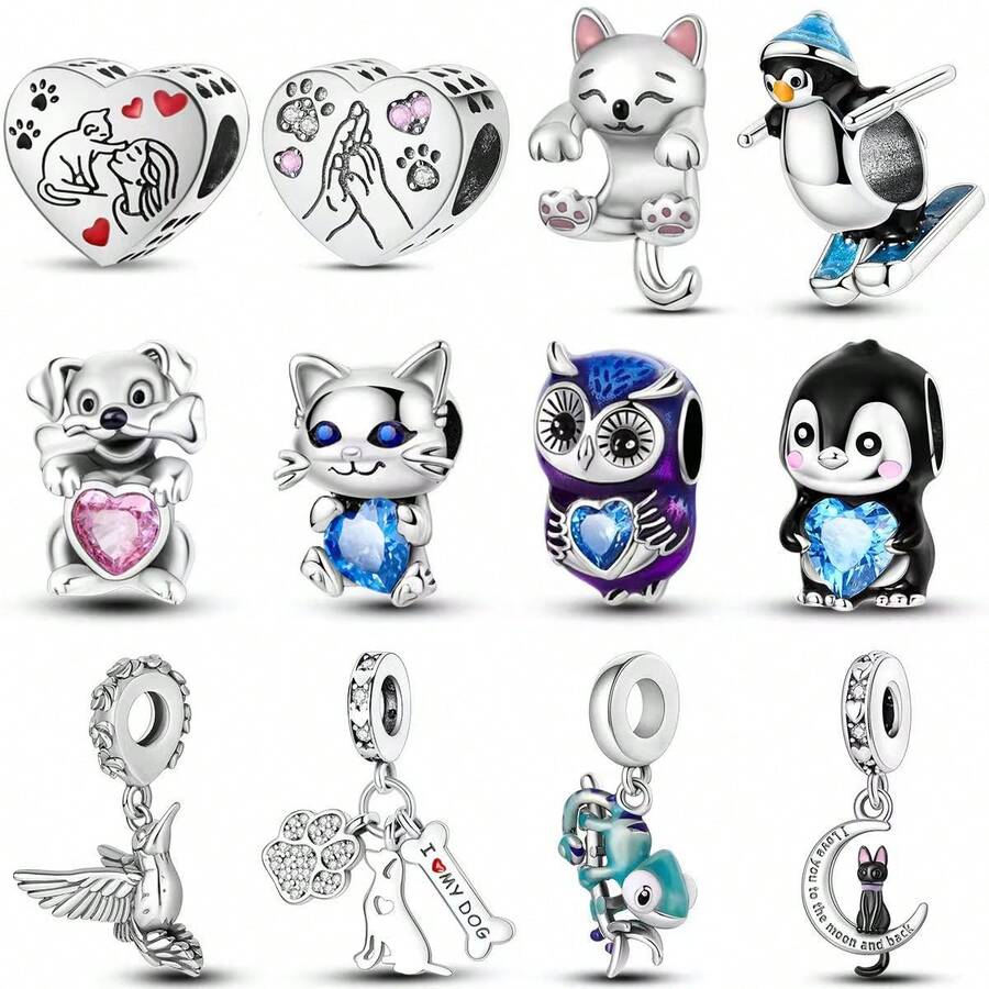 1 件银色闪亮立方氧化锆可爱猫狗大象企鹅蜂鸟变色龙猫头鹰动物心形爪印吊坠，适用于原装手链项链吊坠珠，可用于 DIY 首饰制作，适合女性女孩日常佩戴，生日礼物。 - 銀色 - 查看 1