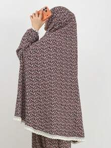 2pcs Set: Khimar + Abaya Floral Print Muslim Prayer Outfit, Pullover Long Robe Abaya Paired With Matching Printed Hijab Headscarf, Casual Outdoor Essential Fashion Item, Women's Abaya Robe, Muslim Hijab Dress