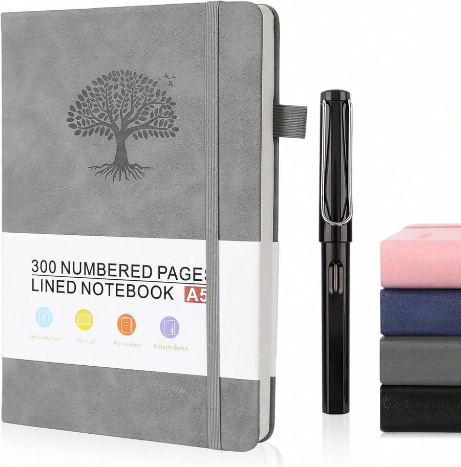 NUOWEI A5 Cuaderno Con Cinta Marcapáginas, 300 Páginas De Cuaderno Pasta Dura Apto Para Colegios y Oficinas, Cuaderno Rayado Tapa Tacto Cómodo, Cuaderno De Calidad Con Bolígrafo 15 x 21cm (Black) - Gris - Ver 1