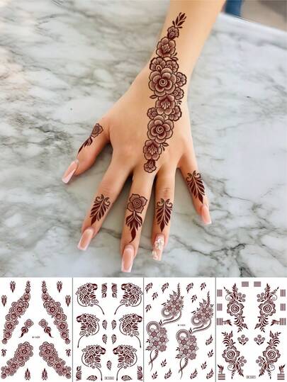 4 Sheets Henna Temporary Tattoos Mehndi Stickers Waterproof Henna Tattoo Simple Hand Tattoos For Women Makeup Wedding Muslim Dress Accessories Festival Dating Party Decorations