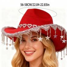 Women Cowgirl Hat, Shiny Heart Stars Wide Brim Tasseled Cowgirl Hat Western Hat For Club Party - 黑色 - 查看 3