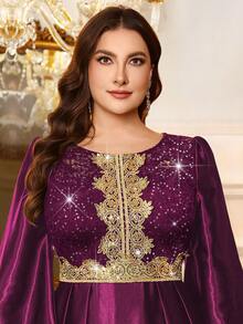 Plus Size Sequin Floral Lace Patchwork Gold Tape Long Sleeve Satin Hem Modest Evening Party Long Dress, Valentine's Day Dress, Wedding Guest Dress, For Birthday, Graduation, Homecoming Elegant Spring - Maroon - View 7