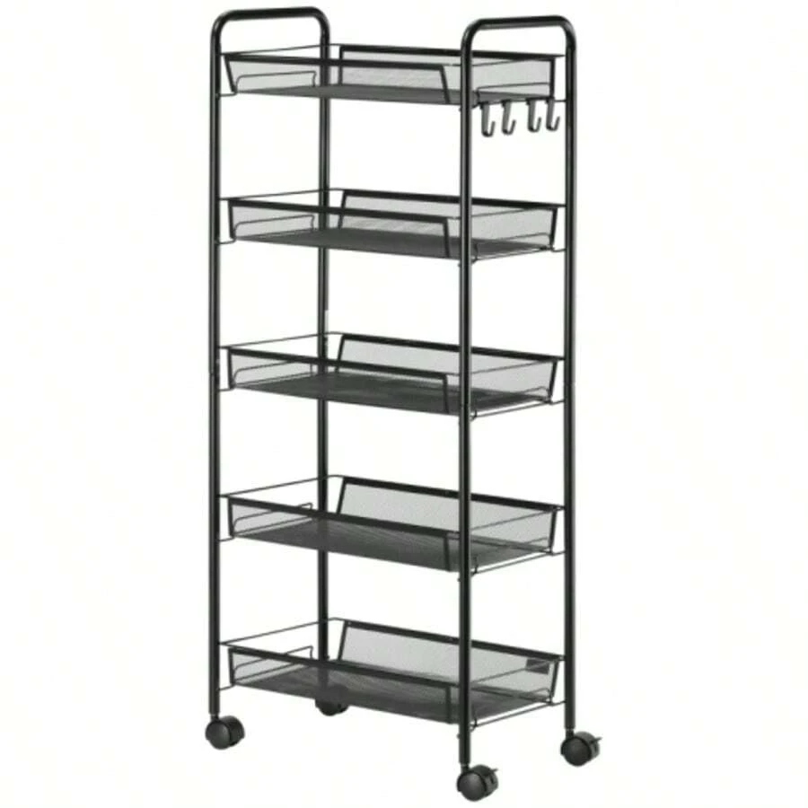 HOMCOM Rolling Service Trolley With 4 Shelves And 5 Storage Baskets, Equipped With A Handle, For The Kitchen And Living Room, In Black Steel. - Black - View 1
